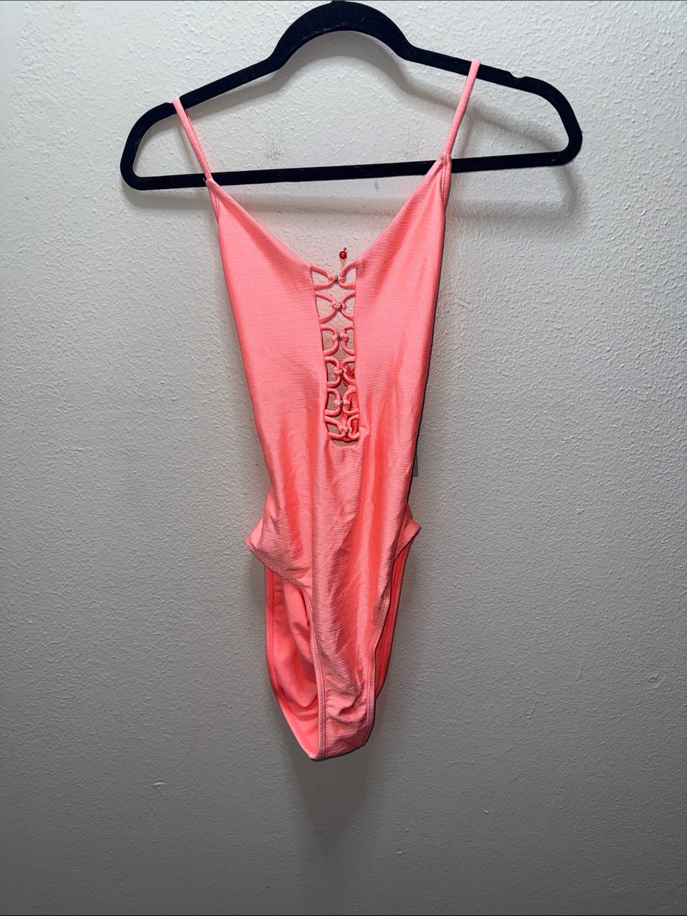 Coral Pink One-Piece Swimsuit with Ladder Front Detail